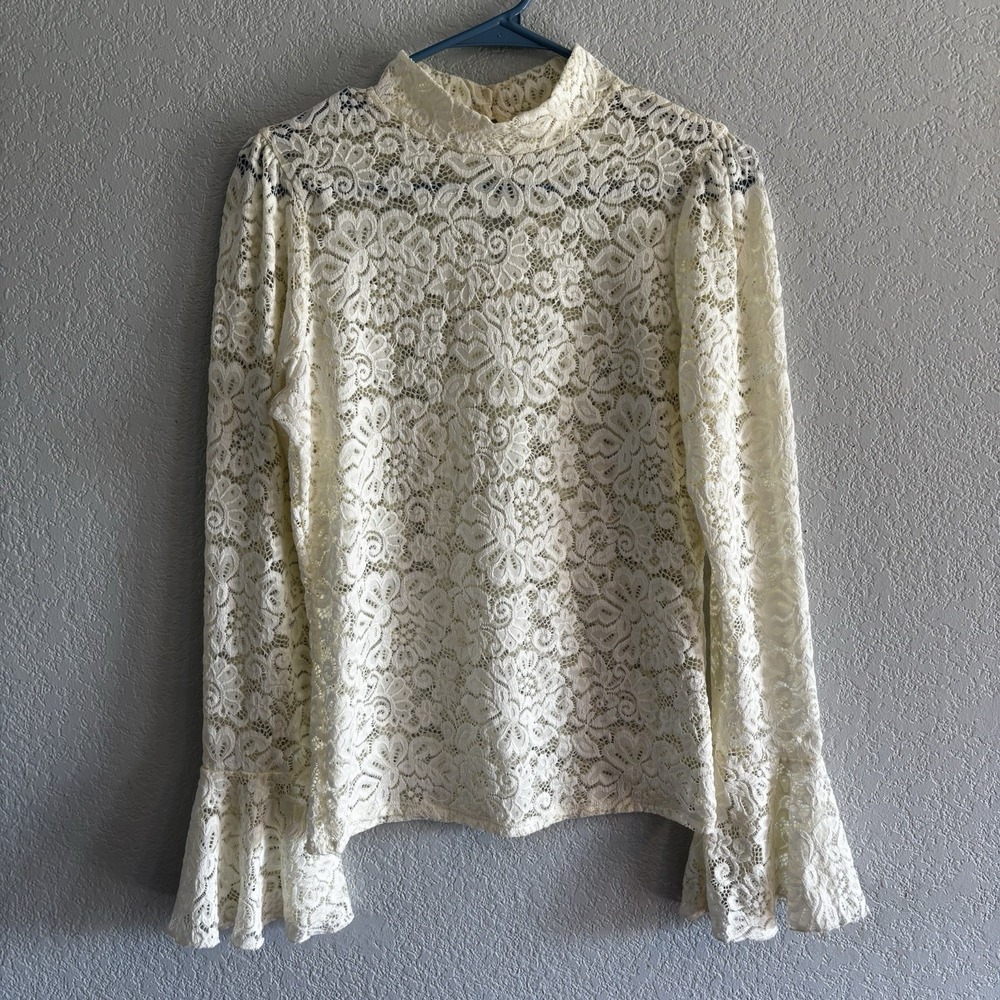 Victorian Romantic Sheer Lace Top Sz Large Ivory Mock Neck Bell Sleeve Coquette